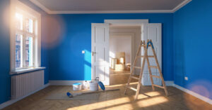 renovation modernization room with blue wall ladder paint bucket